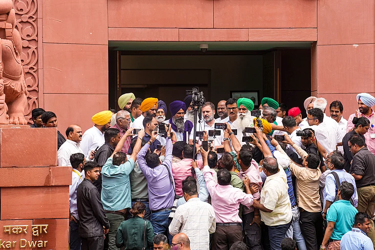Leader of Opposition in Lok Sabha and Congress MP Rahul Gandhi along with farmer leaders speaks to the media during the Monsoon session of the Parliament - PTI